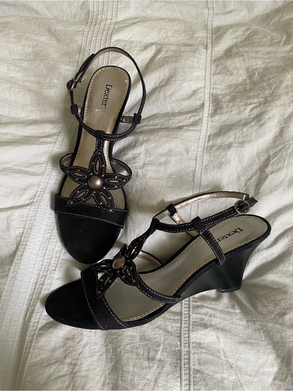 Dexter Black Floral Cutout Wedge Sandals